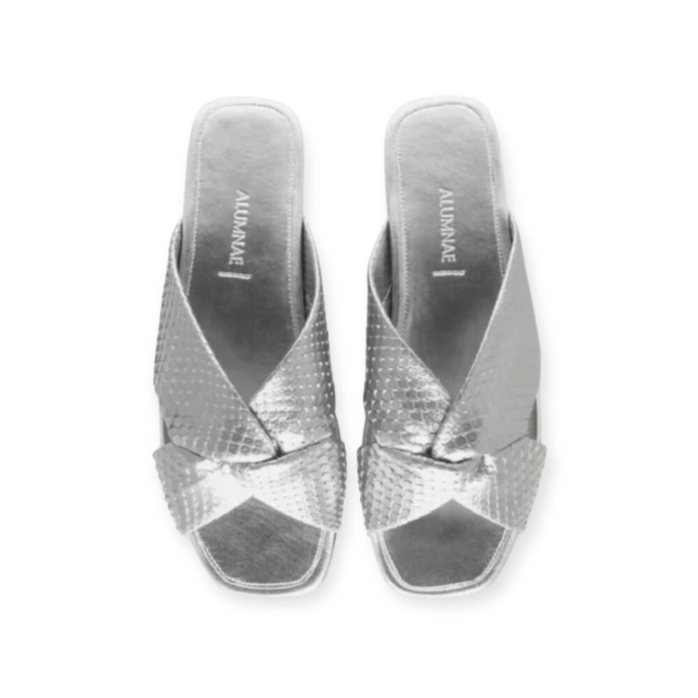 ALUMNAE Turban Python Silver Slide Sandals, Size 8